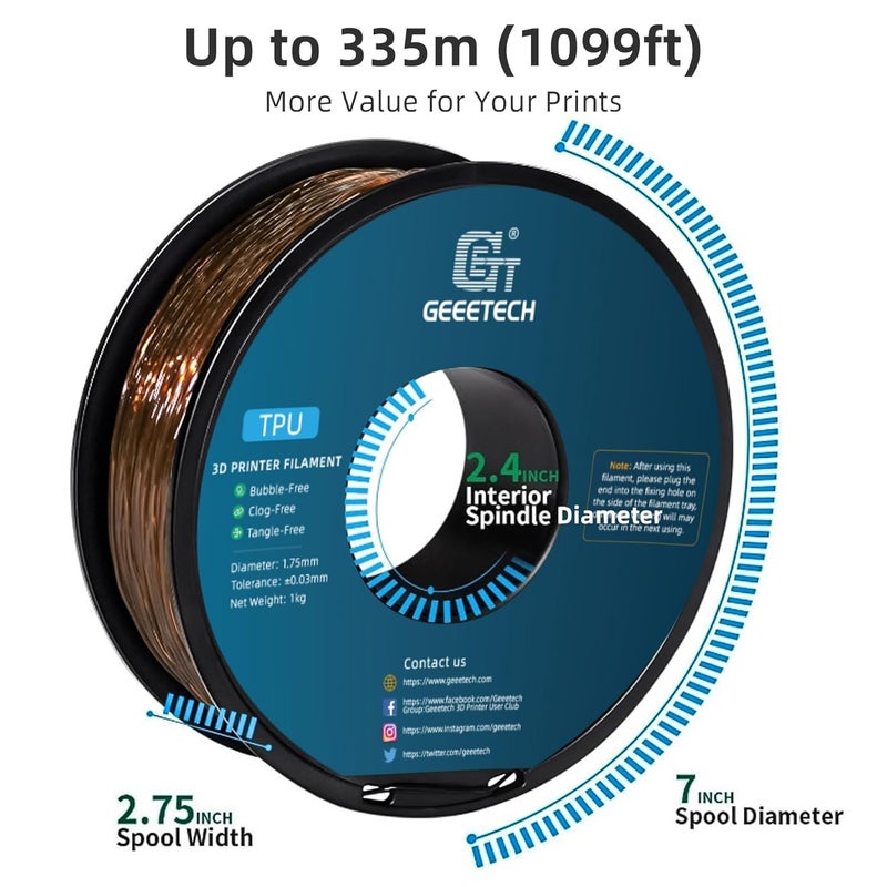 Geeetech خيوط TPU بقطر 1.75 مم، صلابة 95A – خيوط طابعة ثلاثية الأبعاد مرنة مع مرونة عالية، 1 كجم (2.2 رطل) بكرة، دقة أبعاد ±0.03 مم، تناسب معظم الطابعات FDM (بني شفاف) - Image 5